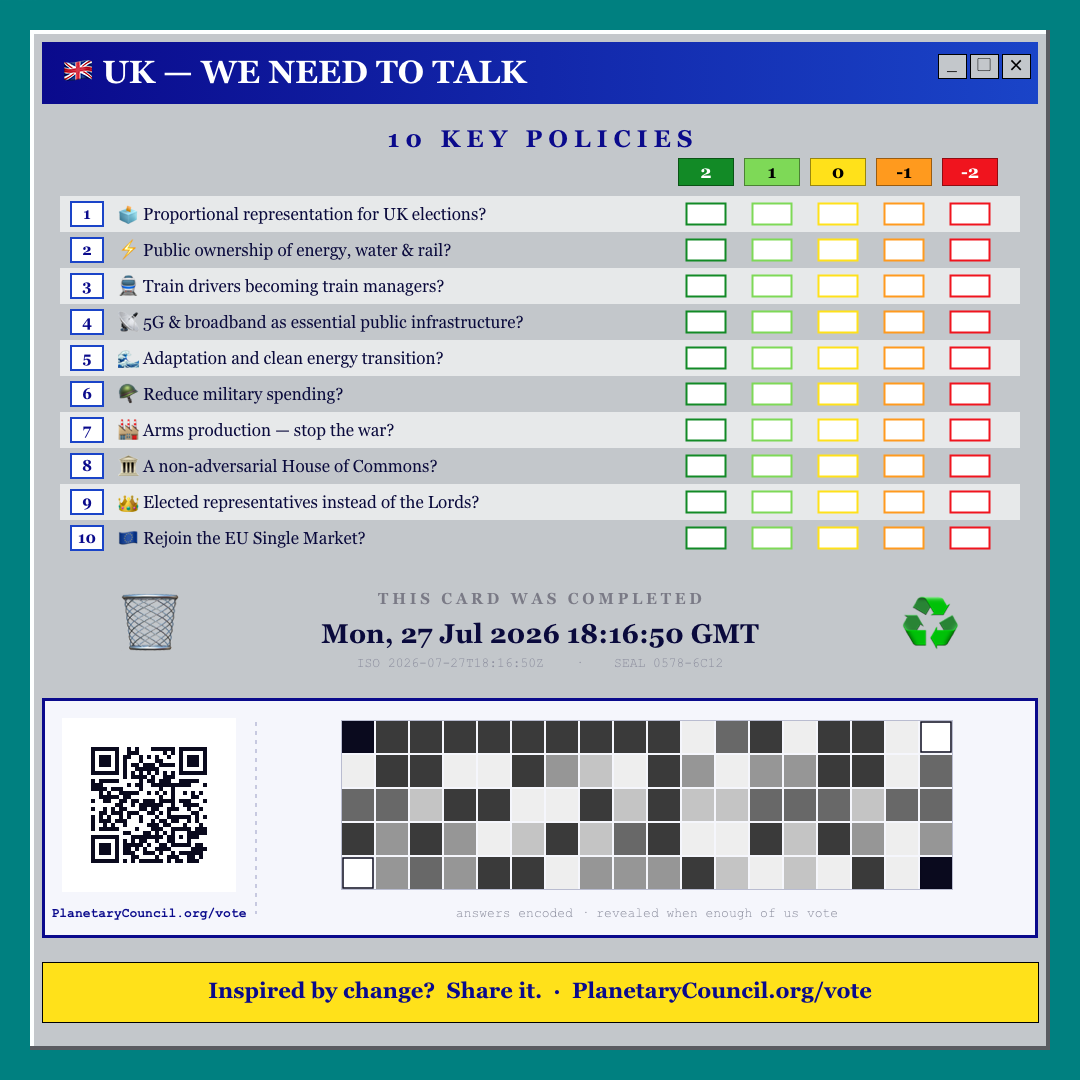 The UK — We Need To Talk voting card: ten policy questions, a timestamp, a QR code and an encoded answer seal.